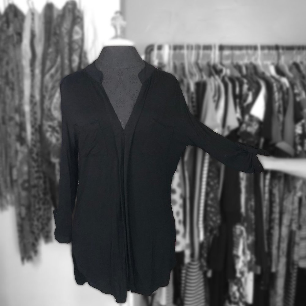 Takara Long Sleeve Black Button Blouse/Tunic